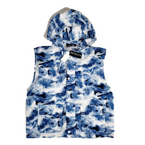 Royalty by Maluma‎ Fitted Wave-Print Full-Zip Hooded Utility Vest Blue Camo